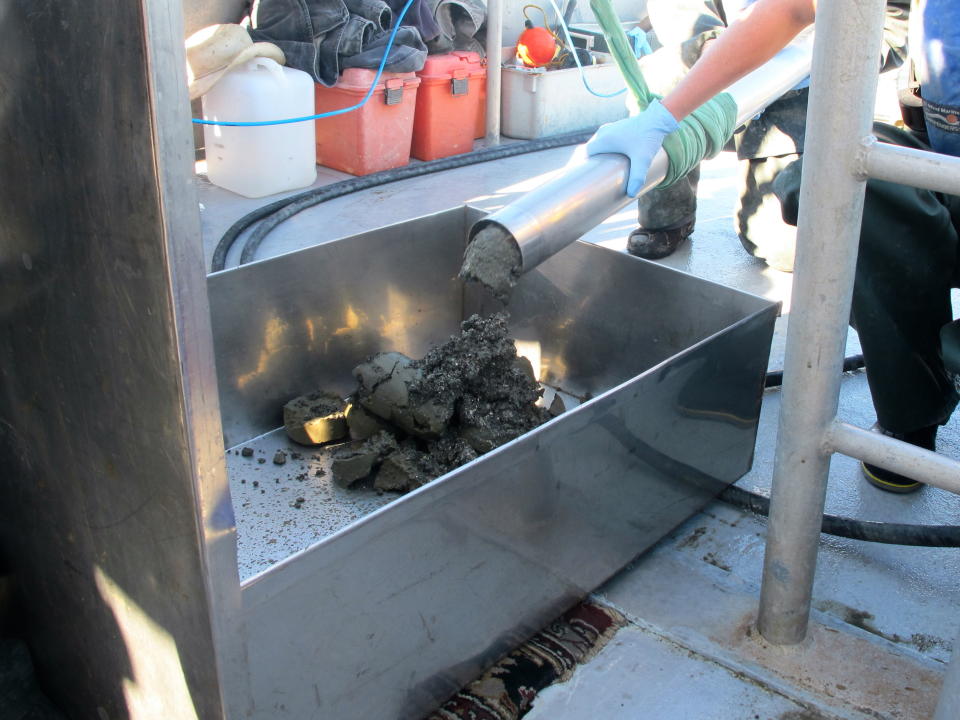 Workers wearing latex gloves empty sediment samples from the floor of the harbor in Charleston, S.C., on Friday, Nov. 9, 2012. The samples, being emptied into a stainless steel box in a boat on the harbor, are required for a study of a $300 million deepening of the harbor shipping channel so it can handle larger container ships. (AP Photo/Bruce Smith).