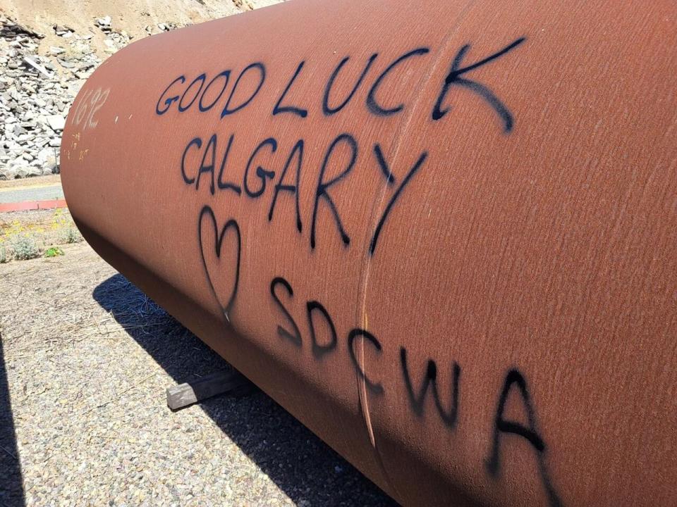 The San Diego County Water Authority (SDCWA) helped source this piece of feeder main pipe, which the City of Calgary says currently being transported and will be arrive this week.