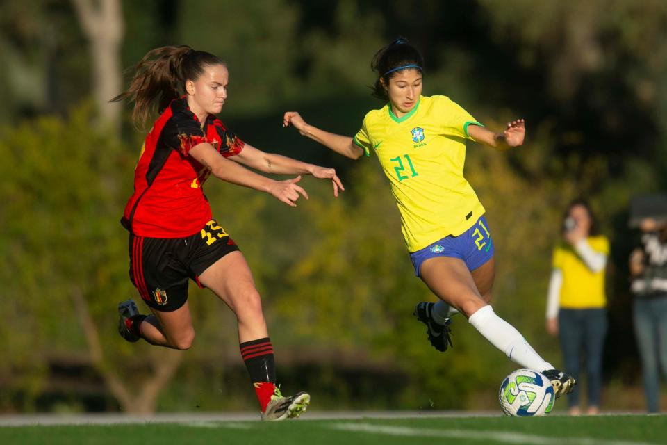 Brazil U20 player Giovana Canali looks to shoot the ball during a game against Belgium in December, 2023.