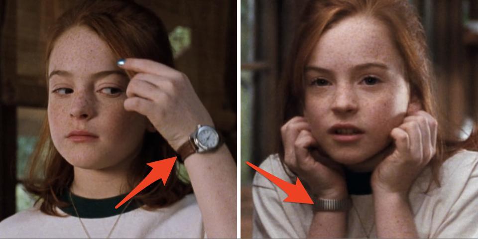 Hallie wearing a leather-band watch and Annie wearing a silver watch in "The Parent Trap."