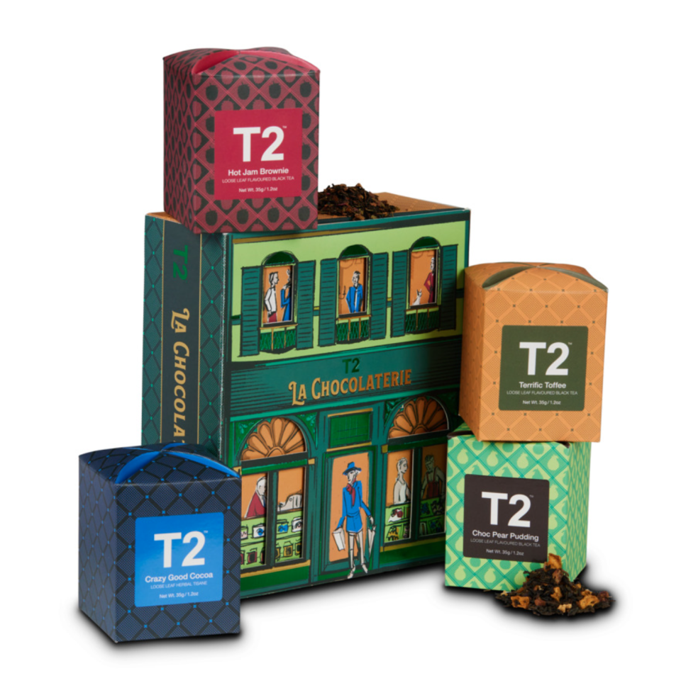 Boxes of chocolate flavoured tea in bright colours. T2 La Chocolaterie - $40