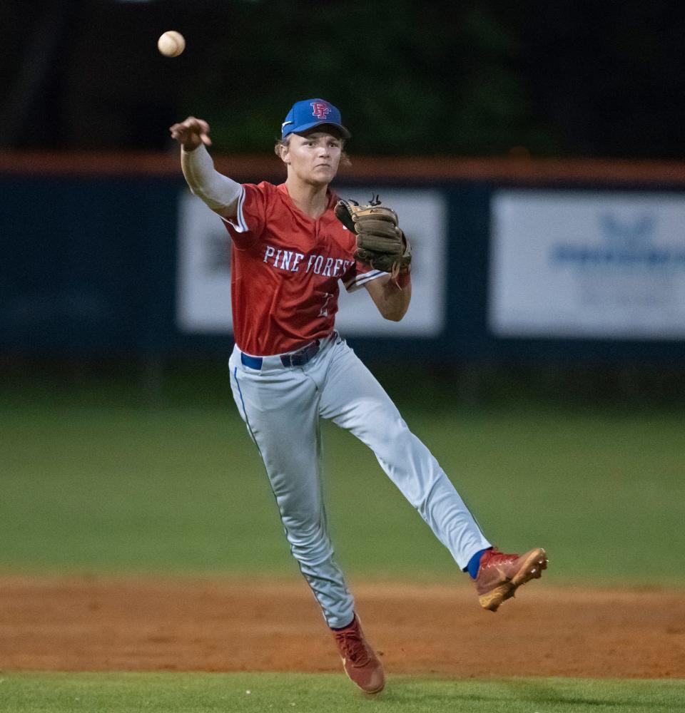 Shortstop Zach Beaver (2) fires to first for an out during the Pine Forest vs Escambia baseball game at Escambia High School in Pensacola on Friday, April 22, 2022.