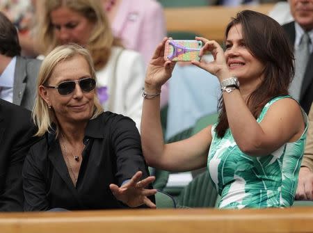 Britain Tennis - Wimbledon - All England Lawn Tennis & Croquet Club, Wimbledon, England - 9/7/16 Former Wimbledon champion Martina Navratilova with her wife Julia in the royal box on centre court during the womens singles final. REUTERS/Adam Davy/Pool