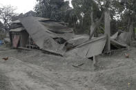 A damaged house lies at a lakeshore village beside Taal volcano where residents have evacuated to safer ground in Agoncillo, Batangas province, southern Philippines on Saturday Jan. 18, 2020. The Taal volcano near the Philippine capital emitted more ash clouds Saturday, posing the threat of another eruption. (AP Photo/Aaron Favila)