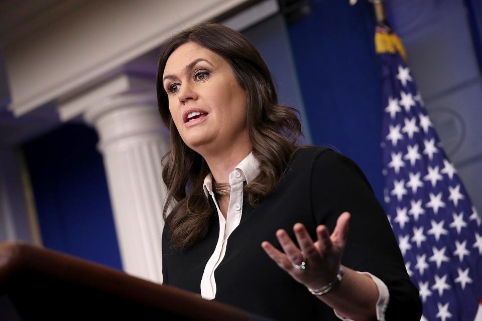 White House Press Secretary Sarah Huckabee Sanders answers questions during the daily briefing at the White House on Jan. 17, 2018, in Washington, DC. Sanders fielded a range of questions relating to pending immigration legislation, continued funding of the federal government, and U.S. President Donald Trump's recent physical examination.