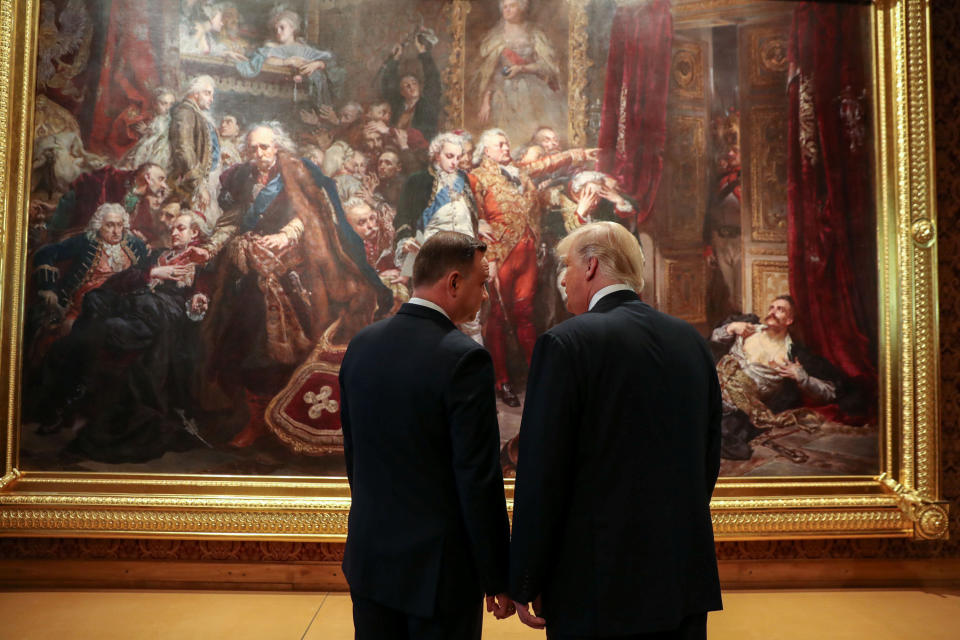 President Donald Trump and Polish President Andrzej Duda talk in Warsaw, Poland, on July 6, 2017.