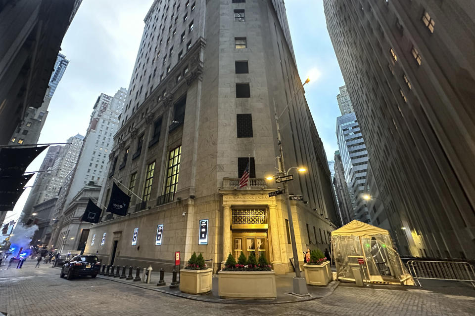 FILE - An entrance to the New York Stock Exchange is shown on May 8, 2024, in New York. Shares opened lower in Europe on Thursday, May 16, 2024, after most Asian benchmarks gained, tracking a Wall Street rally driven by hopes that inflation is heading back in the right direction. (AP Photo/Peter Morgan, File)