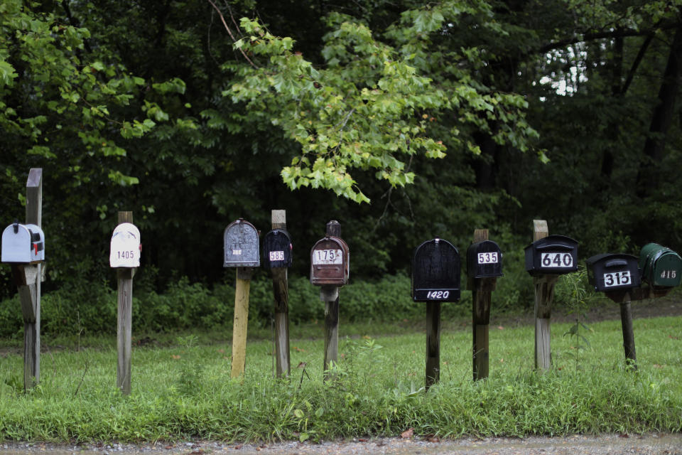 Mailboxes line a street in Jonesboro, Ill., on Sunday, Aug. 2, 2020. (AP Photo/Wong Maye-E)