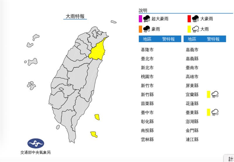 宜蘭縣及台東縣大雨特報。（圖／中央氣象局）