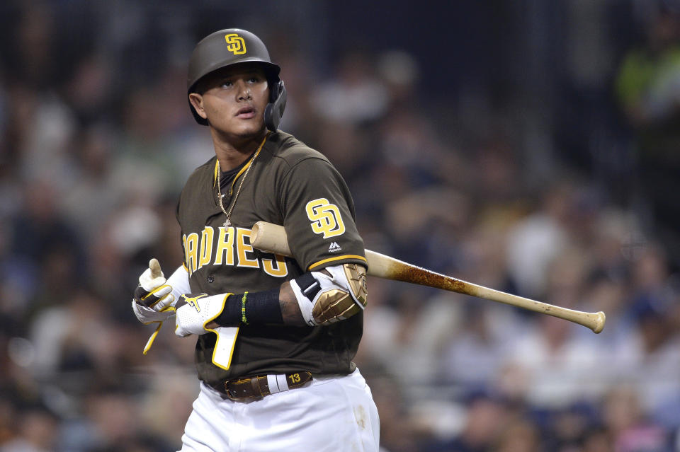 San Diego Padres' Manny Machado looks on after striking out during the fourth inning of a baseball game against the San Francisco Giants Friday, July 26, 2019, in San Diego. (AP Photo/Orlando Ramirez)