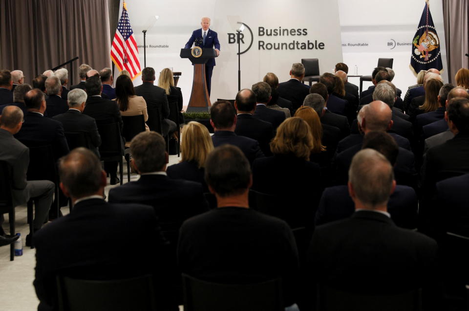 U.S. President Joe Biden discusses the United States' response to Russian invasion of Ukraine and warns CEOs about potential cyber attacks from Russia at Business Roundtable's CEO Quarterly Meeting in Washington, DC, U.S., March 21, 2022. REUTERS/Leah Millis