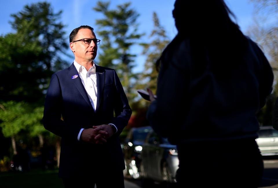 Democratic gubernatorial candidate Josh Shapiro departs after voting at the Rydal Elementary School West polling location on Nov. 8, 2022, in Rydal, Pennsylvania. Shapiro faces Republican gubernatorial candidate Doug Mastriano in today's midterm general election.