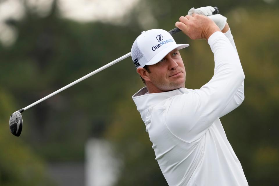 Apr 5, 2022; Augusta, Georgia, USA; Hudson Swafford tees off on no. 10 during a practice round of The Masters golf tournament at Augusta National Golf Club. Mandatory Credit: Michael Madrid-USA TODAY Sports