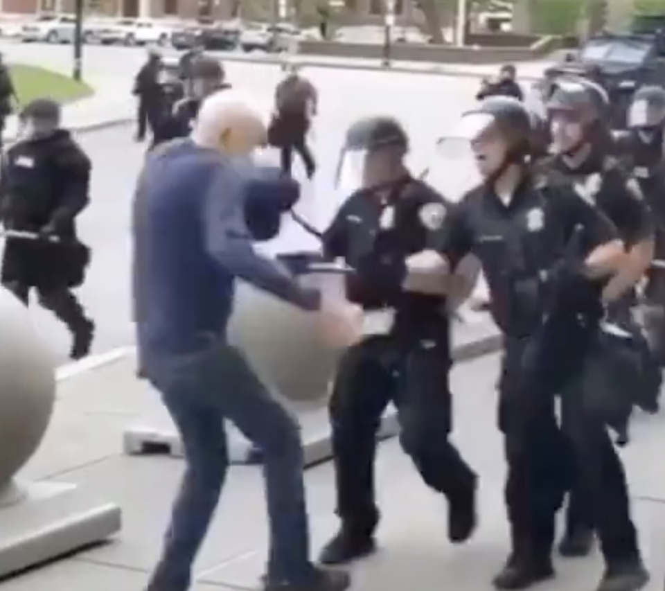 Martin Gugino was pushed to the ground by these officers in Buffalo on Thursday. Source: Twitter/ecuador_today