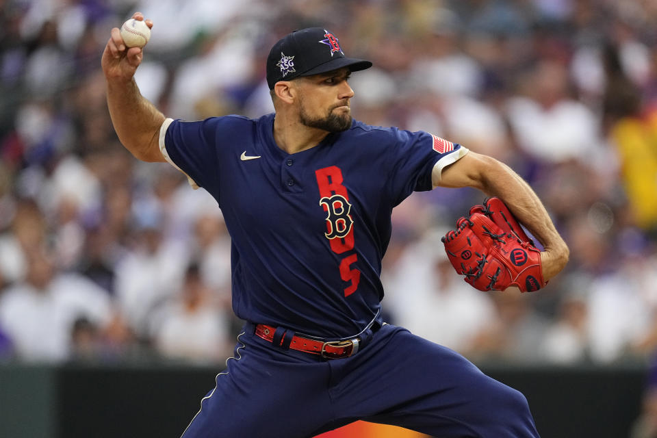 American League's Nathan Eovaldi, of the Boston Red Sox, throws during the fourth inning of the MLB All-Star baseball game, Tuesday, July 13, 2021, in Denver. (AP Photo/Jack Dempsey)