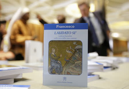 Pope Francis's new encyclical titled "Laudato Si (Be Praised), On the Care of Our Common Home", is displayed during the presentation news conference at the Vatican June 18, 2015. REUTERS/Max Rossi