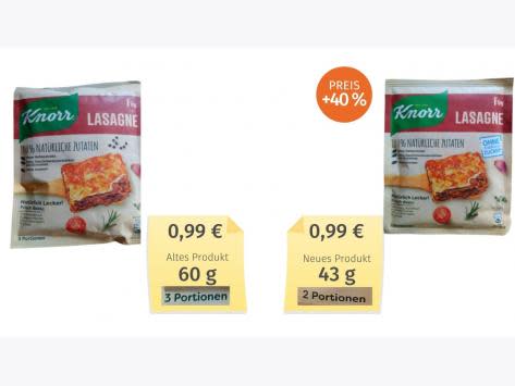 Diese Knorr fix-Tüten enthalten nur noch zwei statt wie vorher drei Portionen. (Bild Verbraucherzentrale Hamburg)