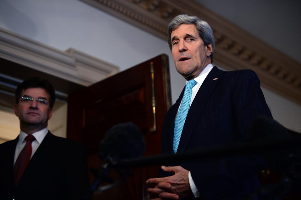 U.S. Secretary of State John Kerry (R) and Deputy Prime Minister and Foreign Minister Miroslav Lajcak of Slovakia leave after speaking to the media following their meeting at the State Department in Washington, DC, on March 20, 2014. (Photo credit should read JEWEL SAMAD/AFP/Getty Images)