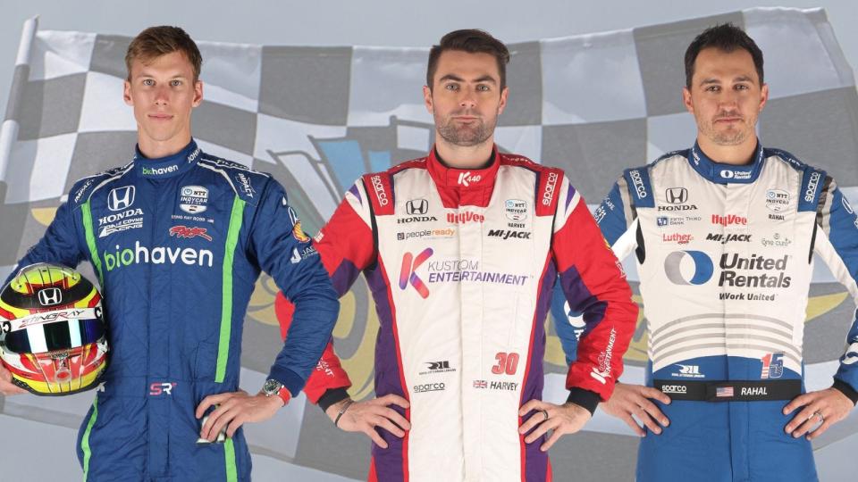 Row 11 for the 2023 Indianapolis 500 (from left): Sting Ray Robb, Jack Harvey, Graham Rahal