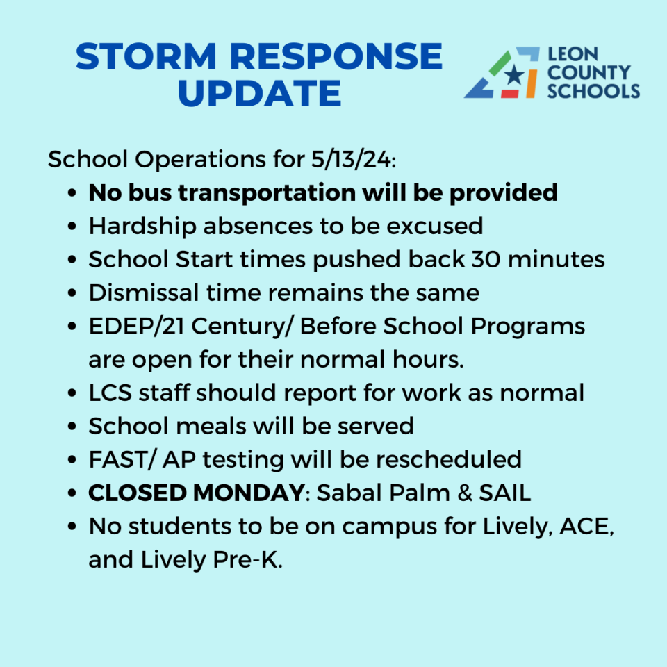 Leon Public Schools published an advisory for operations after the severe storms of May 10, 2024.