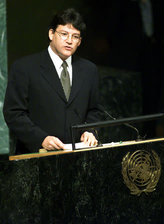 FILE PHOTO: Colombian Vice President Gustavo Bell speaks in the United Nations General Assembly Hall during the opening day of the International Conference on Population and Development at United Nations headquarters in New York, U.S., June 30, 1999. REUTERS/Mike Segar/File Photo