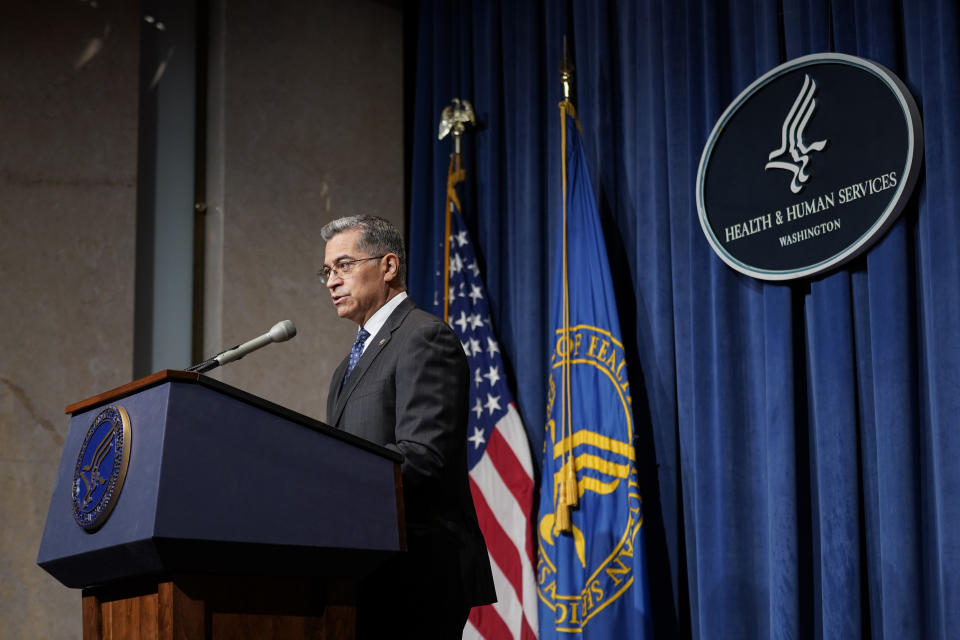 Health and Human Services Secretary Xavier Becerra speaks about actions the Biden administration plans to take in response to the Supreme Court's decision to overturn Roe v. Wade, Tuesday, June 28, 2022, in Washington. (AP Photo/Patrick Semansky)