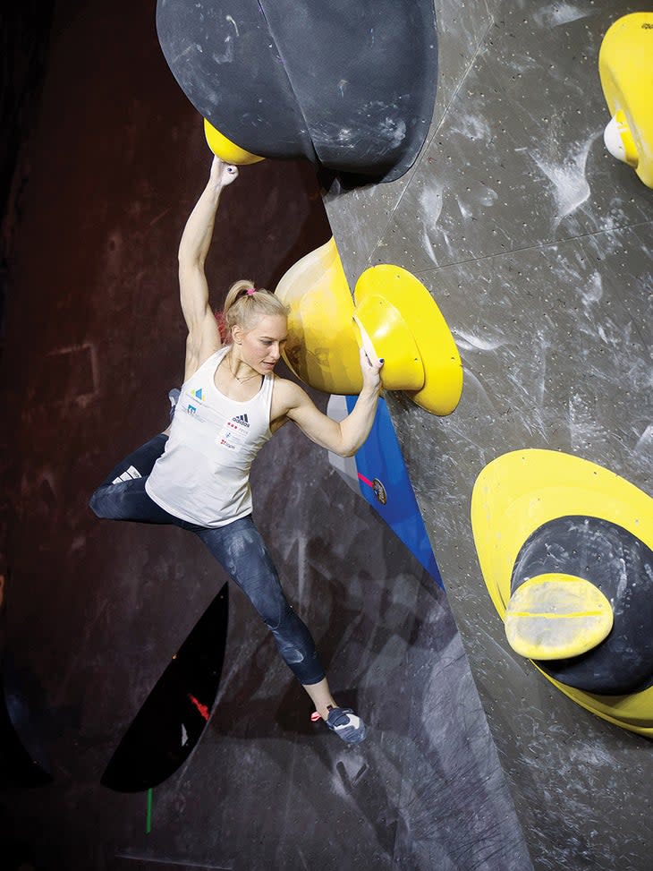 <span class="article__caption">Janja Garnbret of Slovenia competes during the women's finals of the IFSC Climbing World Cup in April, in Meiringen, Switzerland. She won, as she usually does.</span> (: GETTY/ Marco Kost)