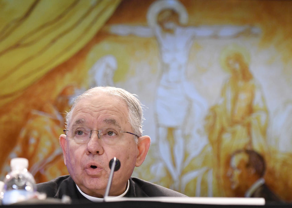 Archbishop Jose H. Gomez, of Los Angeles, speaks during a news conference after being elected as president of the United States Conference of Catholic Bishops during their Fall General Assembly on Tuesday, Nov. 12, 2019 in Baltimore. (AP Photo/Steve Ruark)