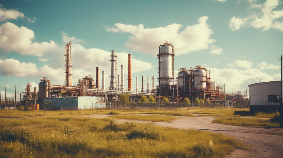 A view of a large petro-chemical plant and its complex equipment.