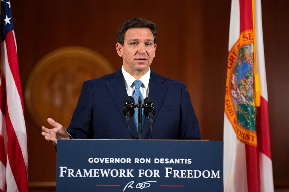 Florida Gov. Ron DeSantis announces his budget for the new fiscal year at the Florida Capitol on Wednesday, Feb. 1, 2023 in Tallahassee, Fla. 