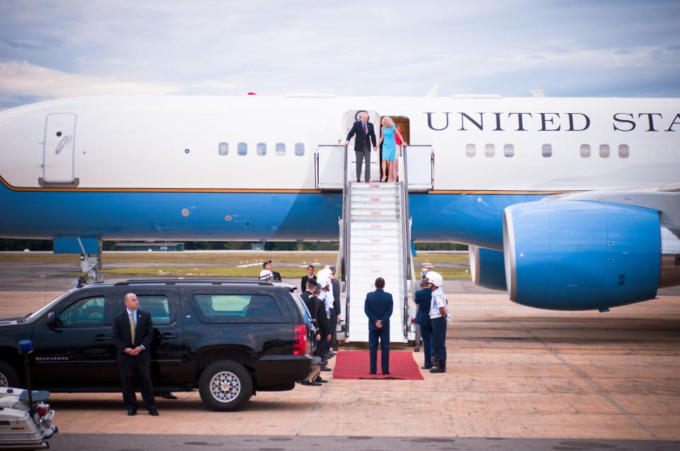 Vice President of the United States Joe Biden and his wife Dr. Jill Biden arrive at the Bras&Atilde;&shy;lia Air Base on Air Force Two and visit the U.S. Embassy of Brazil on Thursday, May 30, 2013.