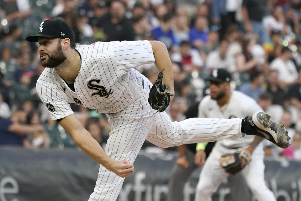 Chicago White Sox starting pitcher Lucas Giolito follows through during the first inning of a baseball game against the Kansas City Royals Wednesday, Aug. 4, 2021, in Chicago. (AP Photo/Charles Rex Arbogast)
