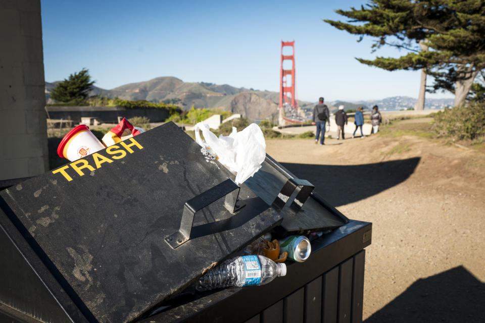 Full garbage cans sit at Golden Gate National Recreation Park in San Francisco, California, on Jan. 2, 2019. (Photo: David Paul Morris/Bloomberg via Getty Images)