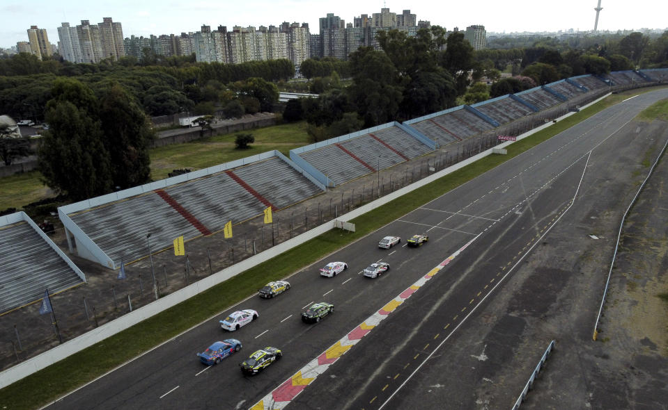 Vitarti Girl’s Team drivers Karina Dobal and Rocio Migliore compete in the team's first race at the Oscar y Juan Galvez track in Buenos Aires, Argentina, Sunday, April 4, 2021. In their debut race, the rooky female team finished second. (AP Photo/Natacha Pisarenko)