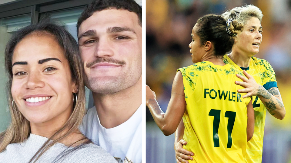 Nathan Cleary and Mary Fowler embrace and Fowler embraces teammate.