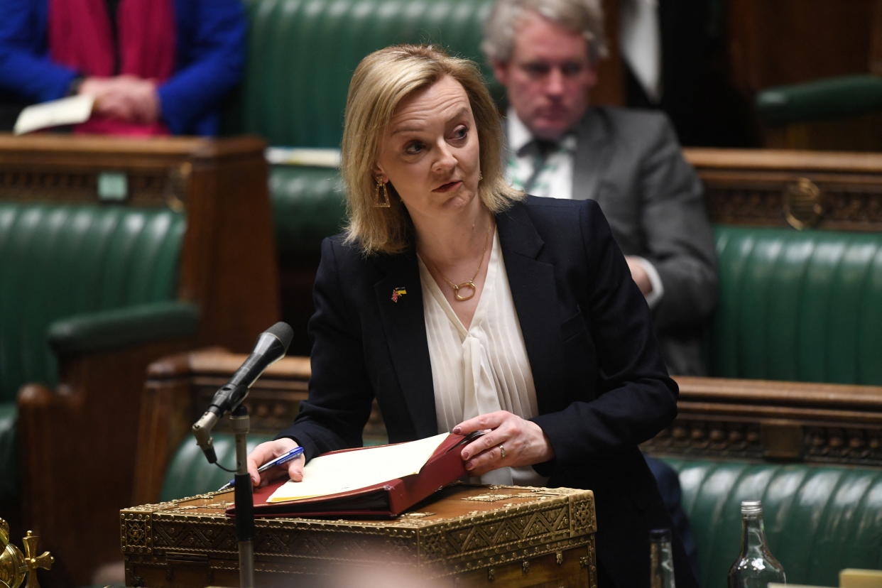 British Foreign Secretary Liz Truss gives a statement on Iran detainees during a session at the House of Commons, in London, Britain, March 16, 2022. UK Parliament/Jessica Taylor/Handout via REUTERS THIS IMAGE HAS BEEN SUPPLIED BY A THIRD PARTY. MANDATORY CREDIT. IMAGE MUST NOT BE ALTERED.