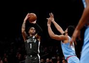 Jan 21, 2019; Brooklyn, NY, USA; Brooklyn Nets guard DÕAngelo Russell (1) puts up a shot against Sacramento Kings forward Marvin Bagley III (35) in the fourth quarter at Barclays Center. Mandatory Credit: Nicole Sweet-USA TODAY Sports