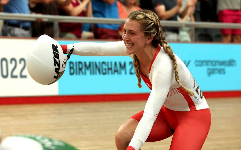 Laura Kenny celebrates yet another gold to add to her collection - AP