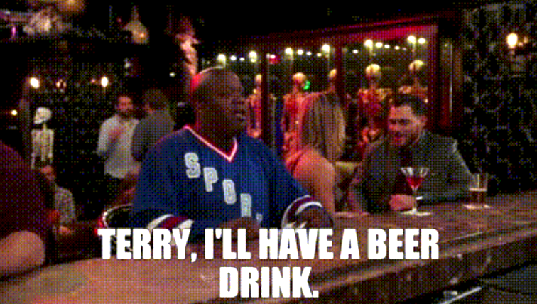 Terry in a sports jersey says, "TERRY, I'LL HAVE A BEER DRINK." to Jake and Gina at a bar with drinks