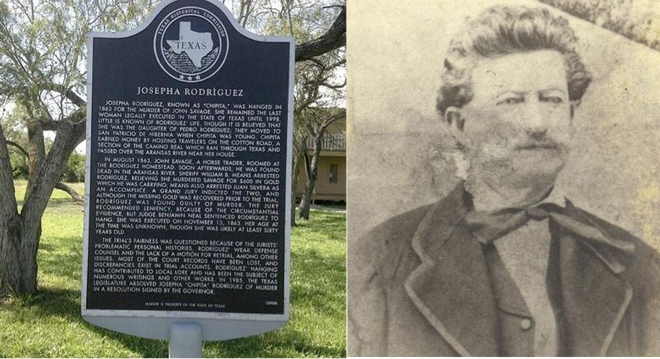 LEFT: The Texas Historical Marker for Chipita Rodríguez in San Patricio, Texas sits at the intersection of Farm to Market Road 666 and McGloin Street. RIGHT: Judge Benjamin F. Neal ruled Chipita Rodriguez guilty and sentenced her to death by hanging in November 1863.