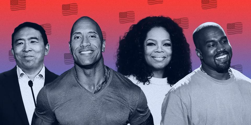 Andrew Yang, Dwayne Johnson, Oprah Winfrey, and Kanye West in the foreground with a red and blue background surrounded by American flag emojis