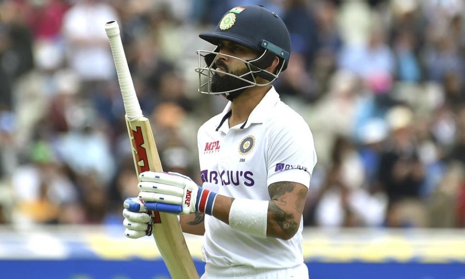 India’s Virat Kohli reacts as he walks off the field after losing his wicket to England’s Ben Stokes during the third day of the fifth cricket test match between England and India at Edgbaston.