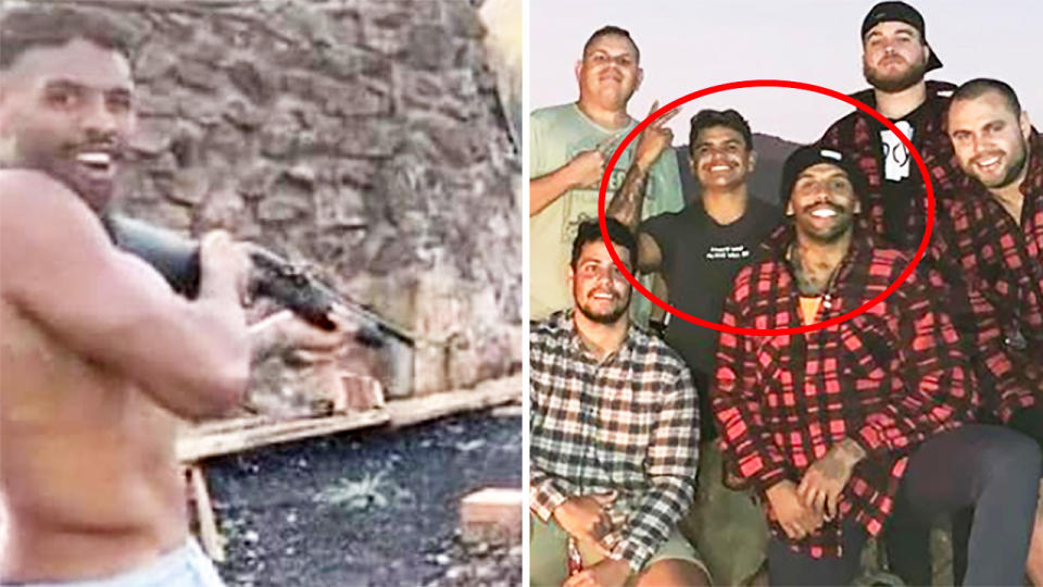 Josh Addo-Carr, pictured here using a firearm during the camping trip with Latrell Mitchell.