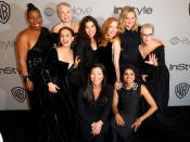 <p>Very special plus-ones! Natalie Portman, Michelle Williams, America Ferrera, Jessica Chastain, Amy Poehler, and Meryl Streep pose with the activists — Rosa Clemente, Ai-jen Poo, and Saru Jayaraman — that several of them brought as their guests to the 2018 InStyle and Warner Bros. Golden Globe Awards Post-Party. (Photo: Joe Scarnici/Getty Images for InStyle) </p>