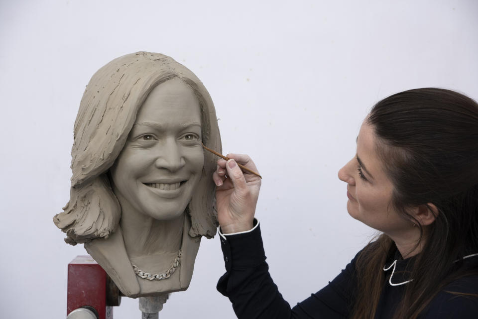 The clay head of Vice President Kamala Harris that will be used to make a wax figure. (Madame Tussauds / Madame Tussauds)