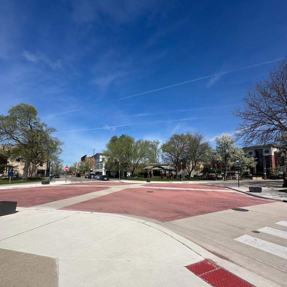 The stamped and colored concrete and the standard concrete sections in downtown Monroe's Loranger Square are shown. Some of the pavement will be replaced in a project expected to last until May 5.