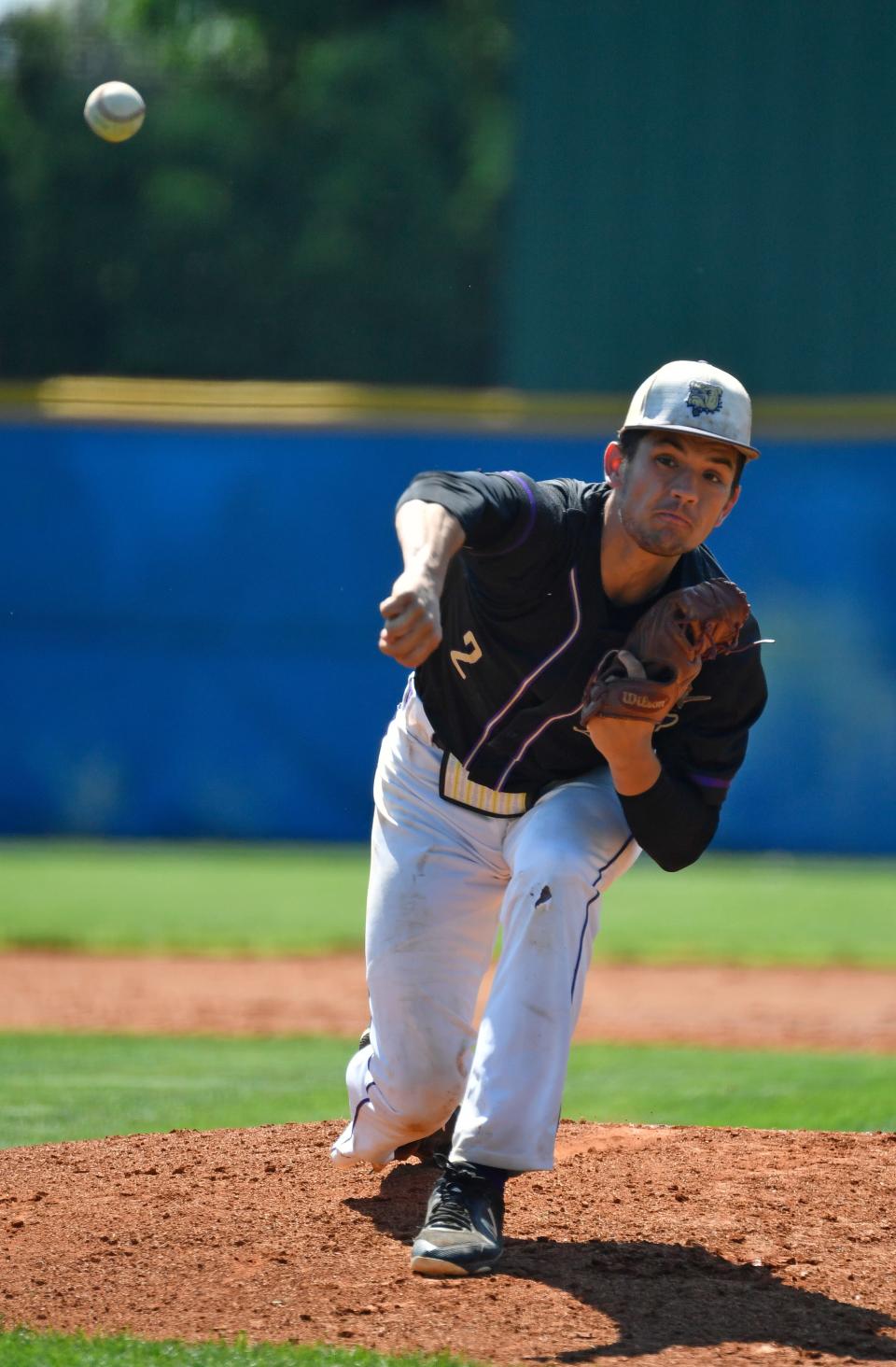 Male’s Nic Schutte pitches in to the Ballard side during their Seventh Region tournament quarterfinal game, Saturday, Jun. 5, 2021 in Louisville Ky.