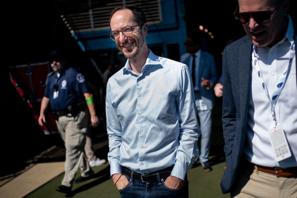 Nashville Mayor Freddie O'Connell arrives before a game between the Tennessee Titans and the Cincinnati Bengals at Nissan Stadium in Nashville, Tenn., Sunday, Oct. 1, 2023.