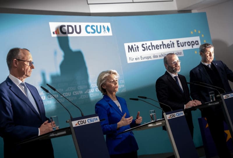 (L-R) Leader of Christian Democratic Union (CDU) party Friedrich Merz, European Commission president Ursula von der Leyen, President of the European People's Party (EPP) Manfred Weber and Minister-President of the Free State of Bavaria Markus Soeder hold a joint press conference after the CDU/CSU Presidiums meeting ahead of the 2024 European Union parliamentary elections. Michael Kappeler/dpa