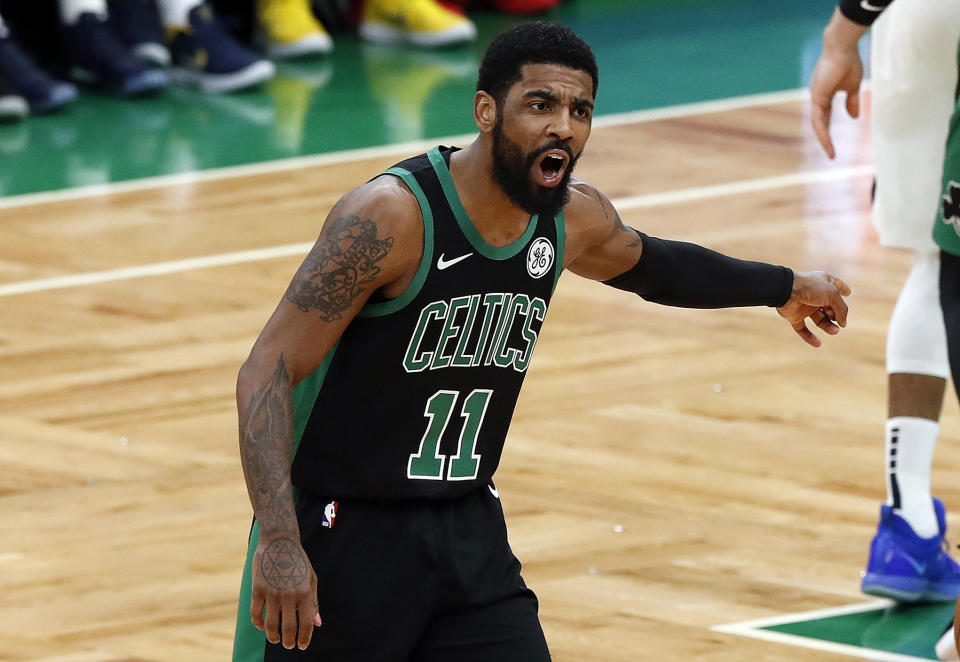 Boston Celtics' Kyrie Irving during the second quarter in Game 1 of a first-round NBA basketball playoff series against the Indiana Pacers, Sunday, April 14, 2019, in Boston. (AP Photo/Winslow Townson)